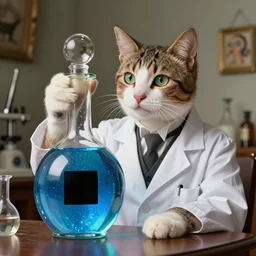 an aristocratic cat dressed as a scientist intrigued by a refined transparent flacon filled with magic blue iridescent liquid, there is a black square on the bottle, art highly detailed, by frank frazetta, keith parkinson and greg rutkowski and aleksandra skiba and salvador dali, concept art,