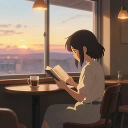 Girl reading in a window seat in a coffee shop at sunset cinematic lighting, style by Makoto Shinkai