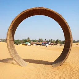 a circular time portal in a desert opening a portal to a village in kerala