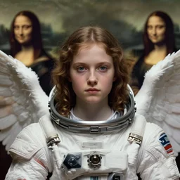 close-up of a biblical angelic girl in a spacesuit, second coming, centered, portrait by Greg Hildebrandt, studio lighting, muted colors, by Terry Richardson, by Leonardo DaVinci, by Beeple, ultrarelistic, extreme detail, caustics, trending on Artstation, 8K, octane renderer, rtx on