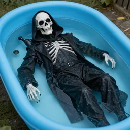 grim reaper lying inside a kiddie pool, very detailed, very realistic, photograph, photoshoot, 5 0 mm, canon, nikon, zeiss lens, editorial, perfect composition, perfect lighting, 4 k