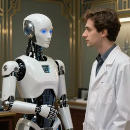 A humanoid robot discussing with a human in a white science coat. Art Deco style