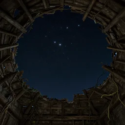 first - eye view counting the stars!!! in the dark night sky through the wide cracks in the half - deconstructed roof, tree vines, from the game pathologic 2, highly detailed, sharp focus, matte painting, by isaac levitan and asher brown durand,