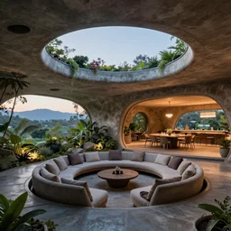inside luxurious earthship with futuristic sunken lounge and indoor garden with circular skylights, dining hall and recreation space, XF IQ4, 150MP, 50mm, F1.4, ISO 200, 1/160s, dawn