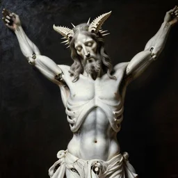 portrait of white ribbed jesus christ covered with ribs white mechanical spines white muscle tissue ribbed spiky horns, lucid dream - like heavy atmosphere, baroque painting, harsh flash photo, perfect composition, detailed octane render trending on artstation, 8 k artistic photography, volumetric cinematic perfect light, chiaroscuro, masterpiece, raphael, caravaggio, beksinski, rutkowsk