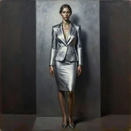 detailed full body portrait in strong femininity, ethnic, realistic face sculpted features, statuesque model, svelte business suit, cool cast, bathed in silvery light, filmic, chiaroscuro, specular highlights, angular impressionism, radiosity, deep rich tones, contemporary art, oil on canvas