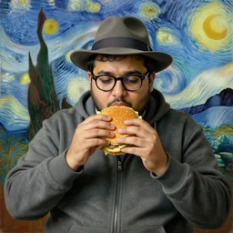 obese sad indian nerdy guy with glasses wearing a hoodie and a fedora and eating a hamburger, painting by gustave courbet and vincent van gogh