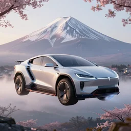 a futuristic magical solarpunk tesla cyber truck vehicle hover craft in the future of 2 0 8 9 futuristic version, dieselpunk look, intricate modular automotive parts shape, aero dynamic, digital art. trending on art station. cyberpunk look hovering by mount fuji early in the morning with a few blossom trees around, high quality photo