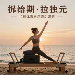 a gorgeous woman doing Pilates on a beautiful beach poster epic sunset digital render hyperrealistic