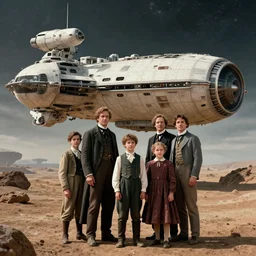sharp, highly detailed, 435456k film, 2419200mm film still from a sci fi blockbuster color movie made in 2019, set in 1860, of a family standing in front of a spaceship that has just landed on an alien planet, the family are all wearing 1860s era clothes, good lighting, good photography, ultra high definition, in focus