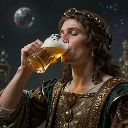 costume design made by idealisic concepts, sophisticated composition, old masters light composition, procedurally generated, character drinking beer, DMT SPACE behind, substance designer, PBR, HD, Ultra detailed, hyperrealistic, megascans, volumetric light, concept by master artist, made in paint tool SAI2, trending pixiv face
