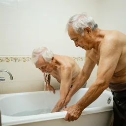 two old people getting out of the tub