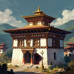 digital art of an crust punk inspired thimpu, bhutan, architecture by greg rutkowski. trending on artstation, favorites on deviantart. high quality artwork, cyberpunk style.