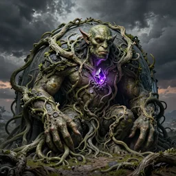 On a domed structure made of tentacled rock vines, there is an orc fused and blended with the vines, a purple crystal pulsing in his chest, orc on vines, orc fused with vines, orc merged with vines, Peter Mohrbacher, Beksiński and Jeff Easley, artwork by Peter Mohrbacher, Zdzisław Beksiński and Jeff Easley