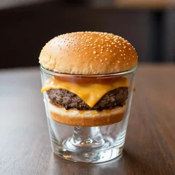 a cheese burger made from clear glass sitting on a table