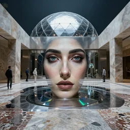 detailed face of an arabic woman, travertine and stainless steel courtyard, terrazzo, tectonic sky, skydome, reactor, utopian, tech noir, wet reflections, prism, atmospheric, ambient, pj crook, syd mead, livia prima, artgerm, greg rutkowski, nick alm, casey baugh