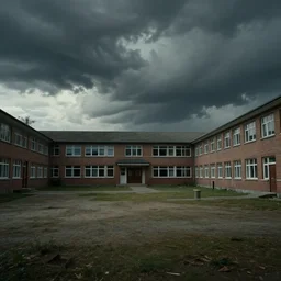 dystopian desolate schoolyard, omnious clouds, dramatic lighting, magic realism by carel willink, edward hopper, film still