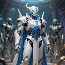 benevolent cyborg necromancer, scifi, futurism, alien room background, white, blue, gold, protoss, warframe, highly detailed, trending on artstation, soft light, sharp edges, illustration, spiritual, technology, character design, art by vitaly bulgarov and nivanh chanthara