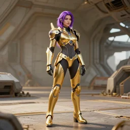 beautiful woman with sci - fi power armor and purple hair on an abandoned spaceship, long shot, rule of thirds, golden ratio, graphic novel by fiona staples and dustin nguyen, by beaststars and orange, peter elson, alan bean, studio ghibli, makoto shinkai