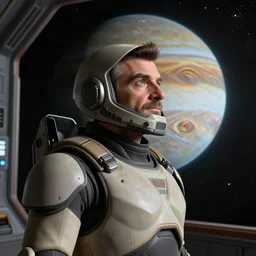 a highly detailed matte portrait mister bean as the master chief without a helmet, standing in a space station and looking at jupiter, viewed in profile from far away, ultrawide lens, art by artgerm and greg rutkowski and alphonse mucha, volumetric lighting, octane render, 4 k resolution, trending on artstation, masterpiece