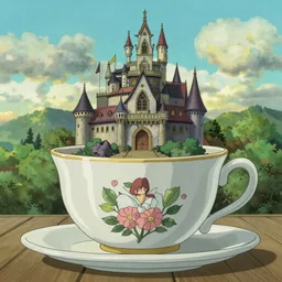 “A castle in a teacup by Hayao Miyazaki, Studio Ghibli”