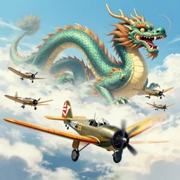 photo of Japanese dogfighters in an aerial battle against a giant oriental dragon, world war 2, Color,