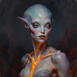 a beautiful alien woman with molten skin, painted by artgerm and tom bagshaw, fantasy art, dramatic lighting, highly detailed oil painting