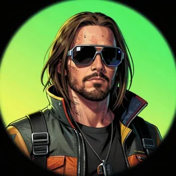 hyper detailed comic illustration of a cyberpunk Jared Leto wearing a futuristic sunglasses and a gorpcore jacket, markings on his face, by Android Jones intricate details, vibrant, solid background, low angle fish eye lens