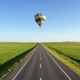 Award-winning, perfectly timed one-point perspective photograph of a highway next to flat green grassland leading straight to a hot air balloon about to lift off into a clear blue sky, rule of thirds, flat horizon..