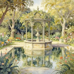 a beautifull intricate watercolour painting of a well in the garden, reflexions, verry high details by william turner art, greg rutkowski and alphonse mucha, trending on artstation, very very detailed, masterpiece, muted colors