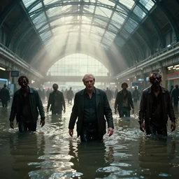 movie scene of zombie apocalypse at flooded victoria station in london, zombies wading through water, roger deakins, dramatic light, backlit, godrays, chiaroscuro cinematic, cinemascope, kodak shot on film