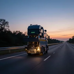 a meme machine driving down the highway at twilight,