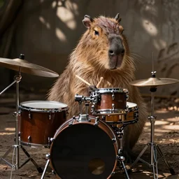 high resolution photo of a capybara playing a jazz drum set