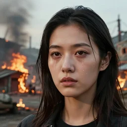 photographic portrait of a streetwear woman with watery eyes, a futuristic shanty town burns in the background, closeup, sigma 85mm f/1.4, 4k, depth of field, high resolution, 4k, 8k, hd, full color