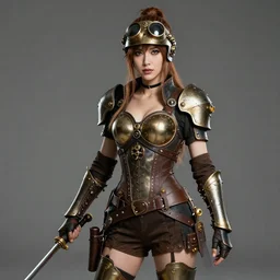 professional photograph of a  beautiful! female steampunk warrior.  Extremely detailed. 8k