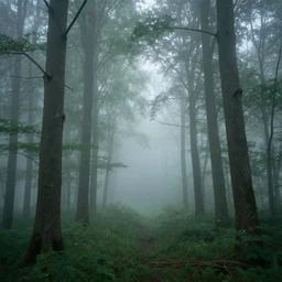 Peaceful forest scenery, foggy, photorealistic, HD, 8k