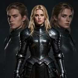 front centered symmetrical RPG avatar portrait, Elisha Cuthbert as a paladin, blonde hair, black armour, dramatic lighting, cinematic, establishing shot, high detail, photo realistic, cinematic lighting, post processed, 8k, concept art, artstation, matte painting, in the style of eddie mendoza, raphael lacoste, alex ross