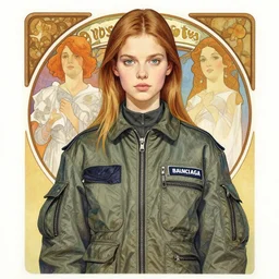 a copic maker portrait of a russian girl very detailed features by yoshiyuki sadamoto, alphons mucha, norman rockwell wearing a pilot suit cargo streetwear - lots of zippers, pockets, synthetic materials, chic'techno fashion trend by issey miyake and balenciaga 8 k