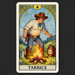 an ethereal tarot card painting of a shirtles sly cowboy with a chubby build and beer belly hunched over | background is a serene campfire | tin cans and jugs of whisky | tarot card, art deco, art nouveau | by Mark Maggiori | trending on artstation