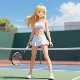 full body shot : a very beautiful young blond tennis anime girl, sky blue eyes,, bikini, miniskirt, highly detailed, cinematic wallpaper by stanley artgerm lau