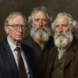 3 person portrait of alan watts and henry thoreau and epictetus, oil on canvas, realistic, highly detailed, cinematic, concept art, matte painting