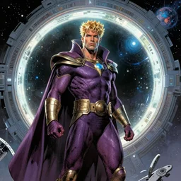 Adam warlock, in airbrushed painting, ultra realistic, in front of a portal in outer space, comic book style, as drawn by Jack kirby