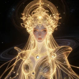 portrait of the powerful empress of the solar system in the style of anna dittmann and in the style of ilya kuvshinov. glowing, ornate and intricate linework, stunning, dynamic lighting, ultrafine and hyperdetailed.