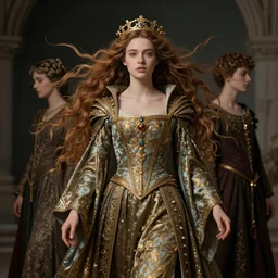 beautiful young medieval queen by magali villeneuve, iris van herpen, jean delville, james jean, flowing hair, visionary, symbolist, ornate garments, beautifully lit