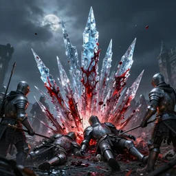 highly detailed bloody ice spikes are errupting from the ground by magic, a group of knights in plate - armor gets impaled by bloody spikes, horrible death on the spot, gloomy lights in the sky, octane render, unreal engine, hyperrealistic