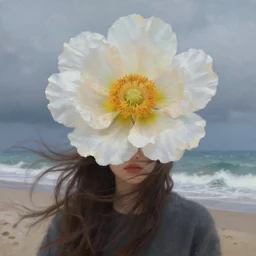 closeup, giant flower under head, girl on beach, surreal photography, wind and cold, dramatic sky, impressionist painting, digital painting, artstation, simon stalenhag