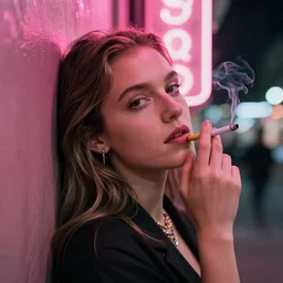 close portrait of mila kunis looking into the camera leaning back against a wall smoking a cigarette, pink neon street, 1 9 8 0 s, intricate, moody, personal, highly detailed, short focus depth, donato giancola, joseph christian leyendecker, frank frazetta, alex horley, ralph horsley, michael whelan