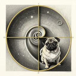 pencil art, golden - ratio, spirals, highly detailed, astronaut pug in outer space by davinci.
