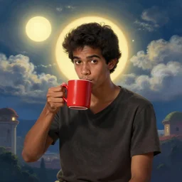 portrait of a ( ( ( una taza de cafe grande y rojo ) ) ), ( ( guapo joven caliente cubano mulato pelo chino ) ), nubes y magia, el sol, concept character, by greg rutowski and tezuka and oi and mucha and bierstadt and remington, trending on artstation