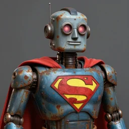 an old rusted robot with a superman cape, real photo, close - up, highly detailed, digital painting, sharp focus